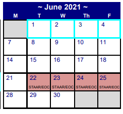 District School Academic Calendar for Northside El for June 2021