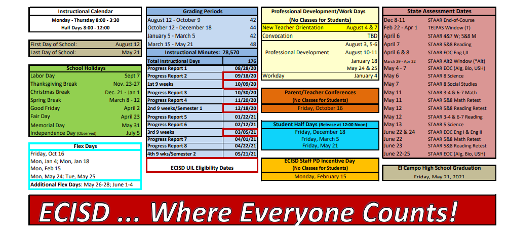 Northside El - School District Instructional Calendar - El Campo Isd -  2020-2021