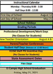 District School Academic Calendar Legend for El Campo Middle