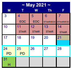 District School Academic Calendar for Myatt El for May 2021