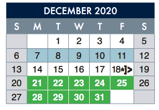 District School Academic Calendar for Zach White Elementary for December 2020