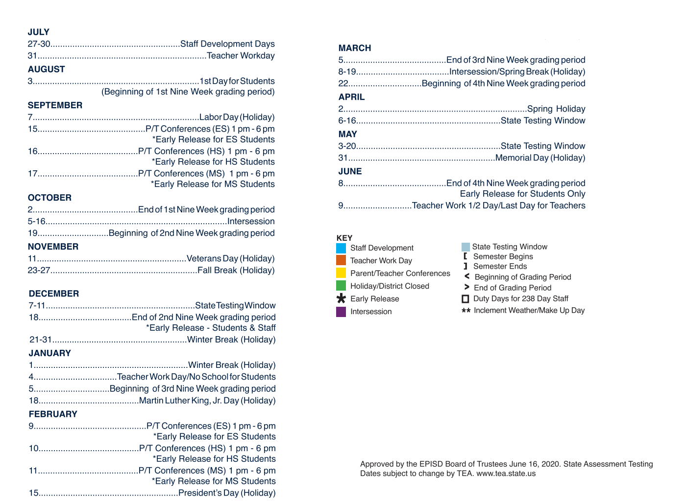 District School Academic Calendar Key for Hawkins Elementary