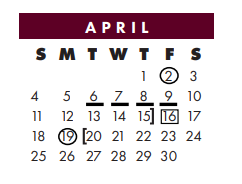 District School Academic Calendar for Flour Bluff Primary for April 2021
