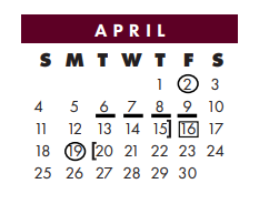 District School Academic Calendar for Nueces Co J J A E P for April 2021