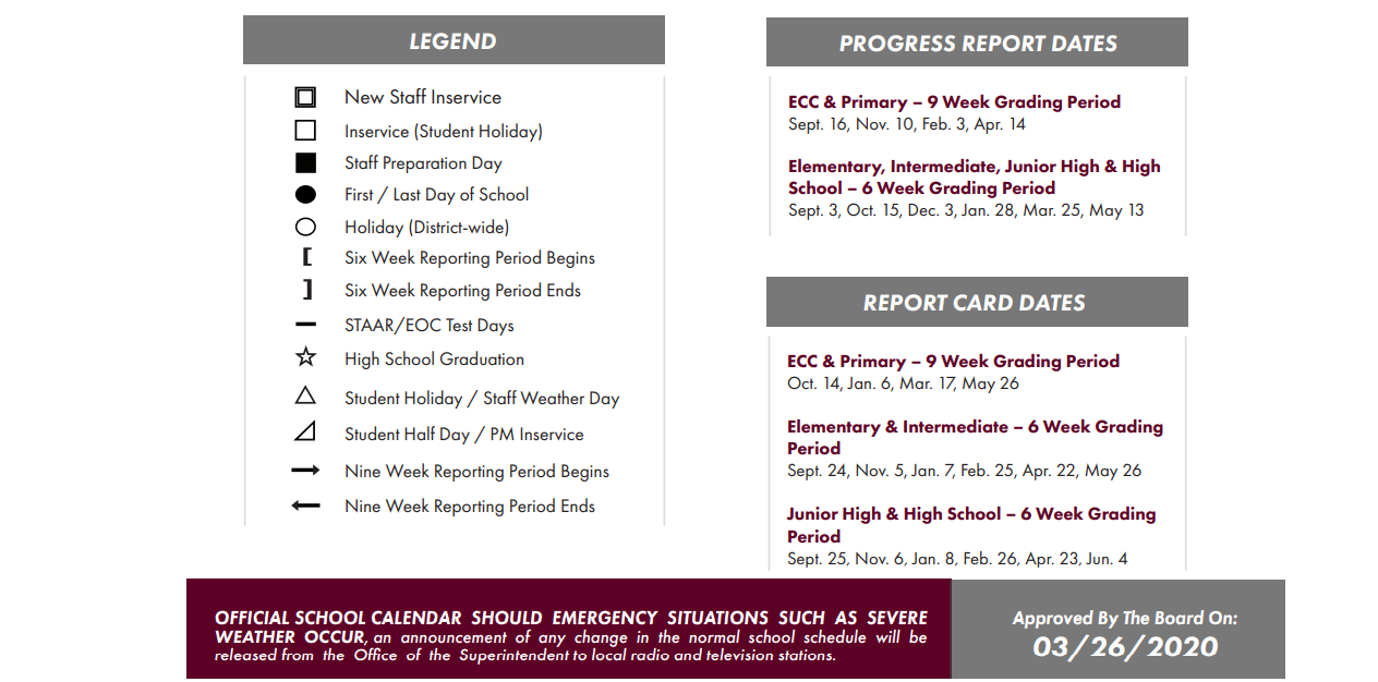 District School Academic Calendar Key for Flour Bluff Primary