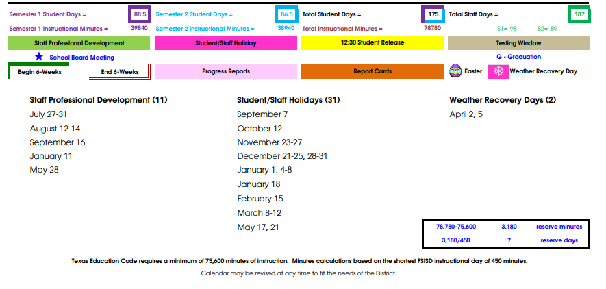 District School Academic Calendar Key for Butz Education Center