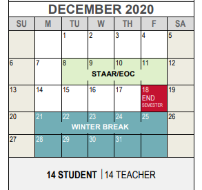 District School Academic Calendar for Tarrant Youth Recovery for December 2020