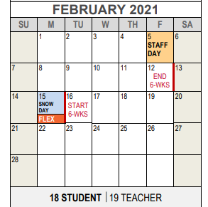 District School Academic Calendar for Tier 1 Southwest D A E P  H S for February 2021