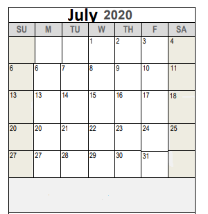 District School Academic Calendar for Bridge Assoc for July 2020