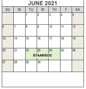 District School Academic Calendar for Tanglewood Elementary for June 2021