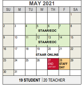 District School Academic Calendar for Assessment Ctr for May 2021