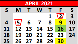 District School Academic Calendar for Fredericksburg Primary School for April 2021