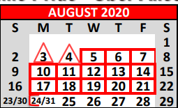 District School Academic Calendar for Fredericksburg Primary School for August 2020