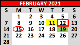 District School Academic Calendar for Fredericksburg Primary School for February 2021