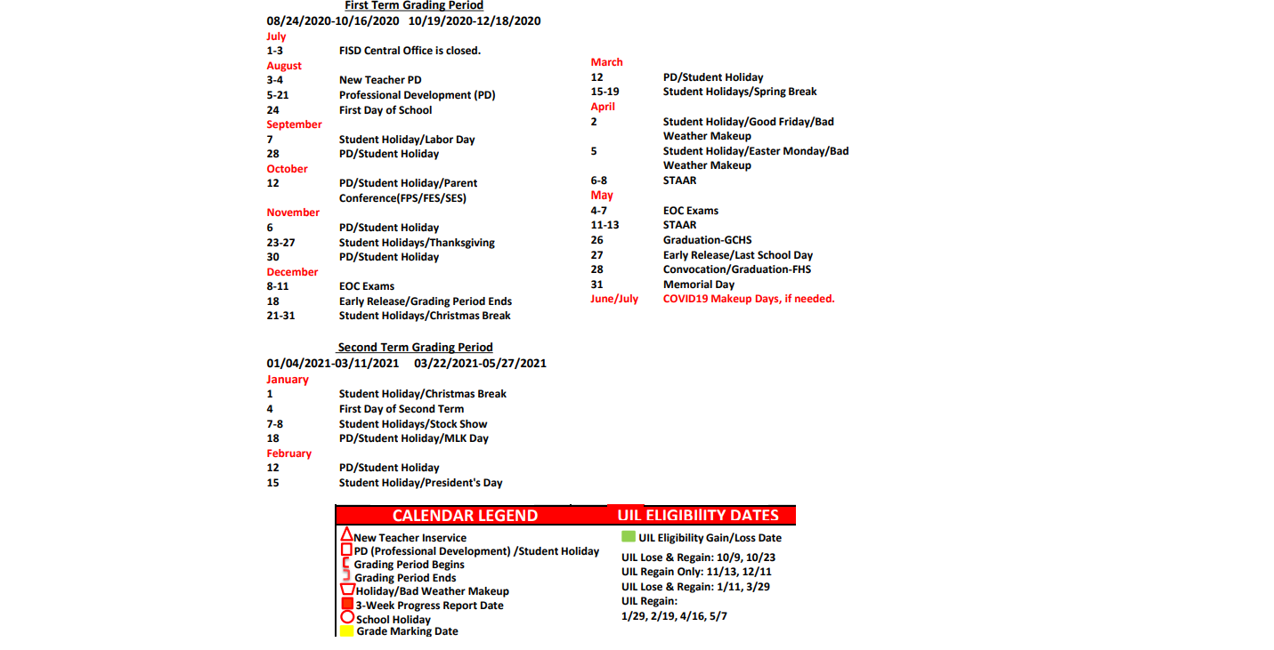 District School Academic Calendar Key for Fredericksburg Elementary