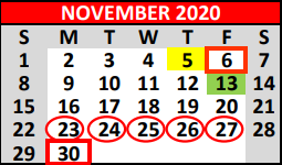 District School Academic Calendar for Fredericksburg Elementary for November 2020