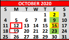 District School Academic Calendar for Fredericksburg Primary School for October 2020
