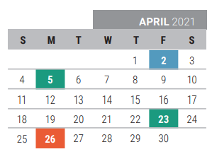 District School Academic Calendar for Collin Co J J A E P for April 2021