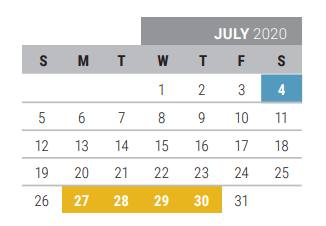 District School Academic Calendar for Taylor Elementary for July 2020