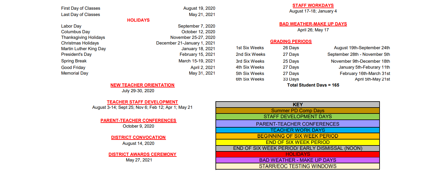 District School Academic Calendar Key for Edison El