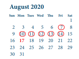 District School Academic Calendar for Galena Park Middle for August 2020
