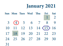 District School Academic Calendar for North Shore Senior High for January 2021
