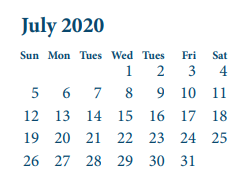 District School Academic Calendar for Green Valley Elementary for July 2020