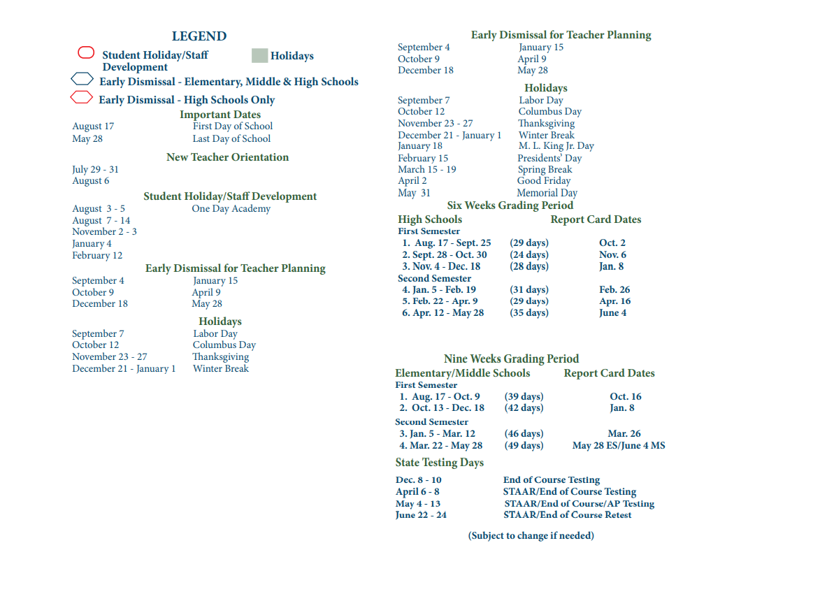 District School Academic Calendar Key for North Shore Middle