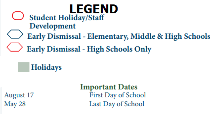 District School Academic Calendar Legend for North Shore Middle