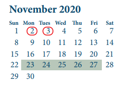 District School Academic Calendar for Cobb 6th Grade Campus for November 2020