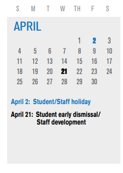District School Academic Calendar for P I P for April 2021