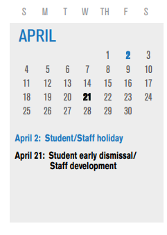 District School Academic Calendar for Steadham Elementary for April 2021