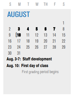 District School Academic Calendar for Back Elementary for August 2020