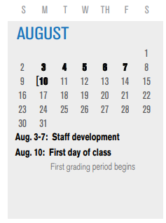 District School Academic Calendar for P I P for August 2020