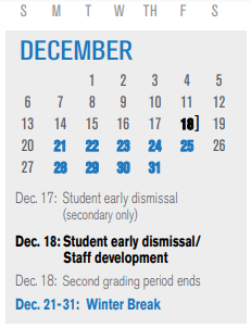 District School Academic Calendar for Infant Center for December 2020