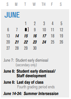 District School Academic Calendar for P I P for June 2021