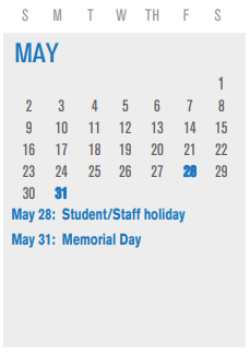 District School Academic Calendar for Coop Behavioral Ctr for May 2021