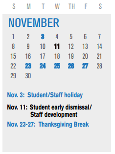 District School Academic Calendar for Gisd Alternative School for November 2020