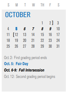 District School Academic Calendar for Infant Center for October 2020