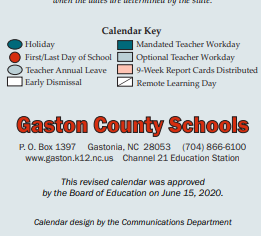 District School Academic Calendar Legend for North Gaston High