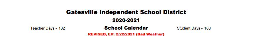 District School Academic Calendar for Gatesville Elementary