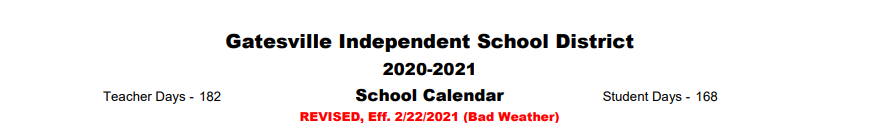 District School Academic Calendar for Gatesville Pri