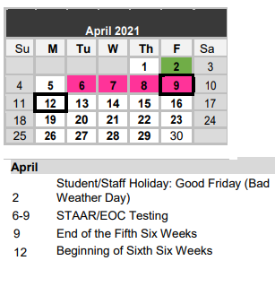 District School Academic Calendar for Gonzales Alter for April 2021
