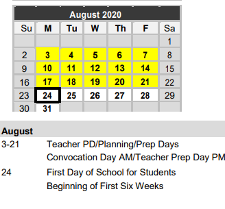 District School Academic Calendar for Gonzales Elementary for August 2020