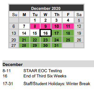 District School Academic Calendar for Gonzales J H for December 2020