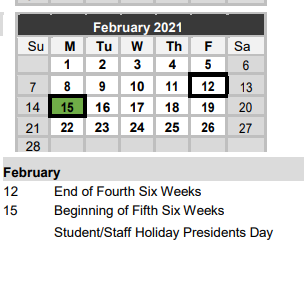 District School Academic Calendar for Gonzales H S for February 2021