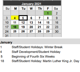 District School Academic Calendar for Gonzales Elementary for January 2021