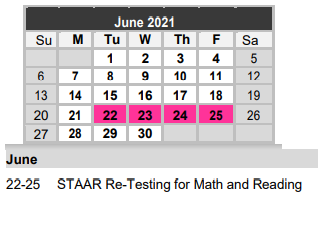 District School Academic Calendar for Gonzales Elementary for June 2021