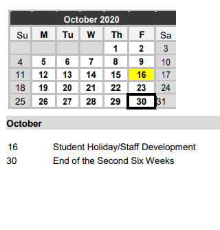 District School Academic Calendar for Gonzales North Avenue Intermediate for October 2020