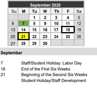 District School Academic Calendar for Gonzales H S for September 2020